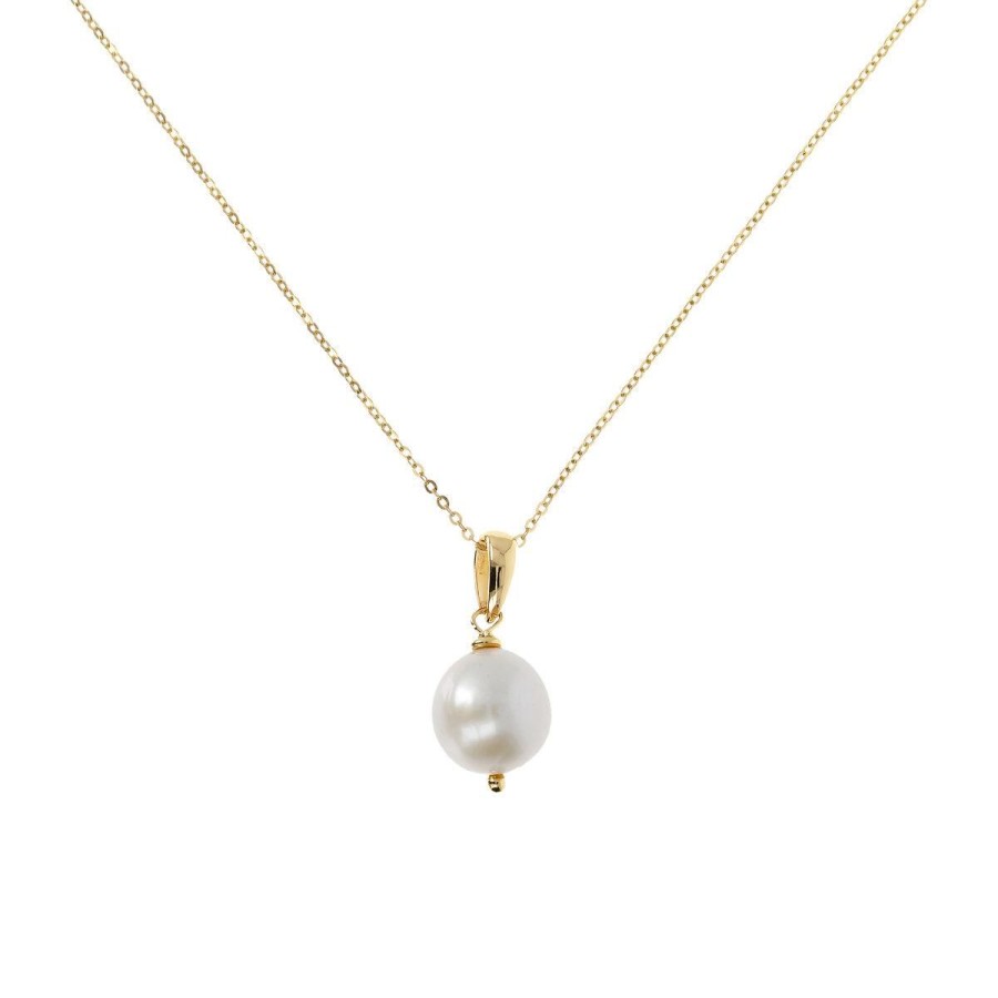 Collane Milor | Collana Girocollo Catena Brillantina E Pendente In Perla Ming D'Acqua Dolce Bianca O 12/13 Mm Placcata Oro Giallo In Argento 925 Placcato Oro Giallo 18Kt