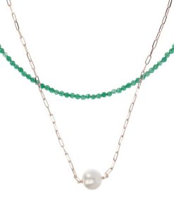 Collane Milor | Doppia Collana Girocollo Con Quarzite Verde E Maglia Forzatina Con Perla Ming Bianca O 11 Mm In Argento 925 Placcato Oro Rosa 18Kt