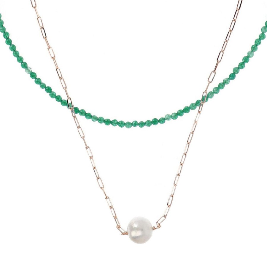 Collane Milor | Doppia Collana Girocollo Con Quarzite Verde E Maglia Forzatina Con Perla Ming Bianca O 11 Mm In Argento 925 Placcato Oro Rosa 18Kt