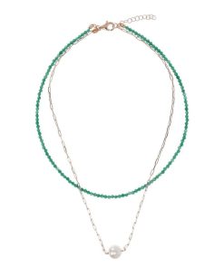 Collane Milor | Doppia Collana Girocollo Con Quarzite Verde E Maglia Forzatina Con Perla Ming Bianca O 11 Mm In Argento 925 Placcato Oro Rosa 18Kt