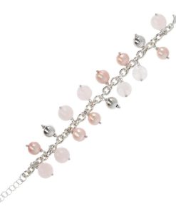 Bracciali Milor | Bracciale Con Catena Rolo E Charms In Quarzo Rosa E Perle D'Acqua Dolce Rosa O 10/10.5 Mm In Argento 925 Placcato Rodio