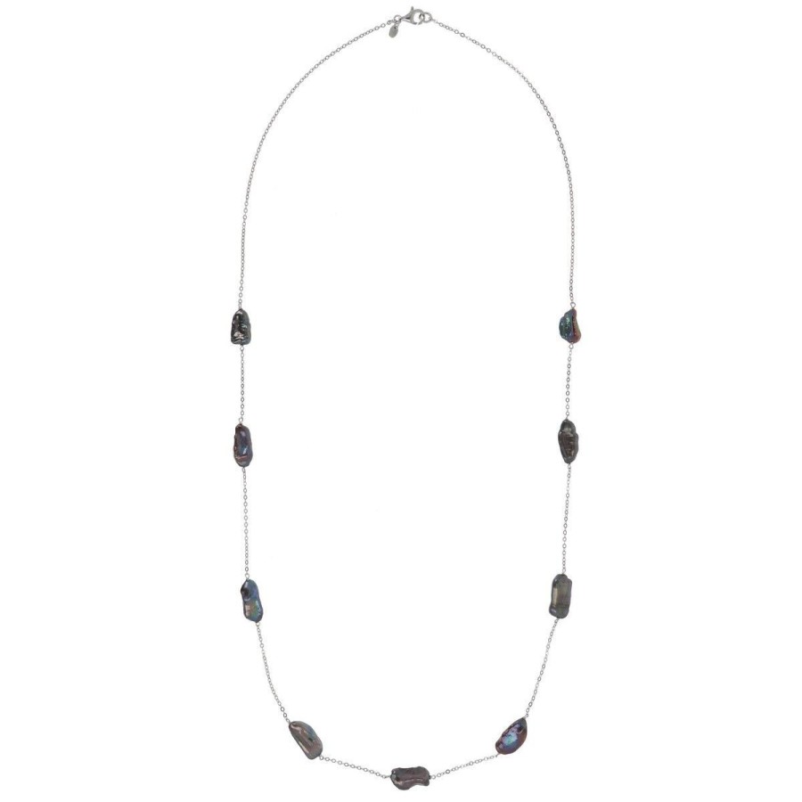 Collane Milor | Collana Lunga Catena Rolo Con Perle Barocche D'Acqua Dolce