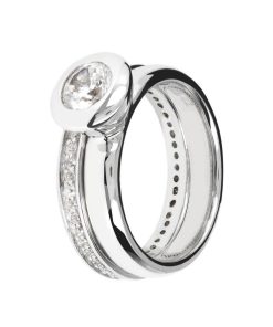 Anelli Milor | Set Anelli Solitario E Fedina Veretta Con Cubic Zirconia In Argento 925 Placcato Rodio