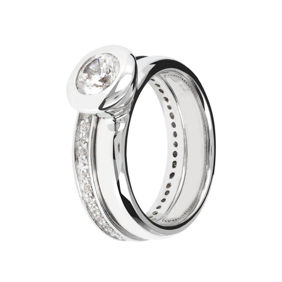 Anelli Milor | Set Anelli Solitario E Fedina Veretta Con Cubic Zirconia In Argento 925 Placcato Rodio