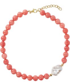 Collane Milor | Collana Girocollo Con Quarzite Rosa E Perla Scaramazza D'Acqua Dolce Bianca O 14/14.5 Mm In Argento 925 Placcato Oro Giallo 18Kt