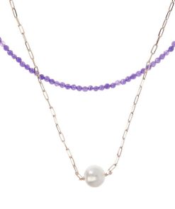 Collane Milor | Doppia Collana Girocollo Con Quarzite Viola E Maglia Forzatina Con Perla Ming Bianca O 11 Mm In Argento 925 Placcato Oro Rosa 18Kt