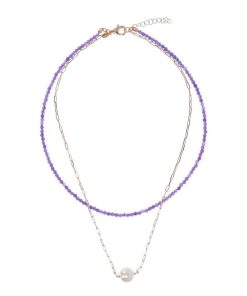 Collane Milor | Doppia Collana Girocollo Con Quarzite Viola E Maglia Forzatina Con Perla Ming Bianca O 11 Mm In Argento 925 Placcato Oro Rosa 18Kt