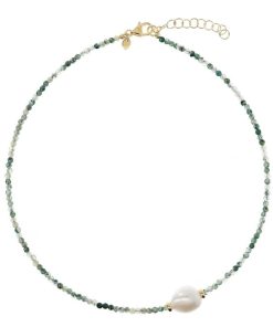 Collane Milor | Collana Girocollo Con Prehnite Verde E Perla Barocca Bianca O 13 Mm In Argento 925 Placcato Oro Giallo 18Kt