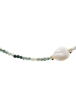 Collane Milor | Collana Girocollo Con Prehnite Verde E Perla Barocca Bianca O 13 Mm In Argento 925 Placcato Oro Giallo 18Kt