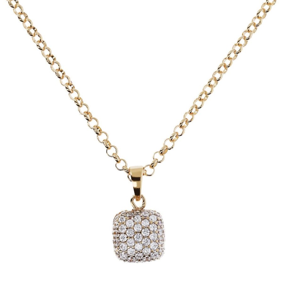 Collane Milor | Collana Maglia Rolo Con Pendente A Cuscino Con Pave Di Cubic Zirconia In Argento 925 Placcato Oro Giallo 18Kt