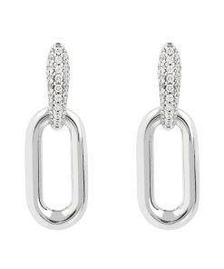 Orecchini Milor | Orecchini Pendenti Maxi Maglia Ovale In Argento 925 Placcato Rodio Con Elemento In Pave Di Cubic Zirconia