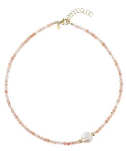 Collane Milor | Collana Girocollo Con Quarzite Rosa E Perla Barocca D'Acqua Dolce Bianca O 13 Mm In Argento 925 Placcato Oro Giallo 18Kt