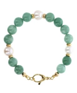 Bracciali Milor | Bracciale Con Quarzite Verde E Perle D'Acqua Dolce Bianche O 10/11 Mm In Argento 925 Placcato Oro Giallo 18Kt