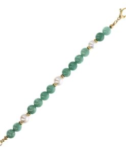 Bracciali Milor | Bracciale Con Quarzite Verde E Perle D'Acqua Dolce Bianche O 10/11 Mm In Argento 925 Placcato Oro Giallo 18Kt