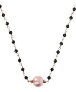 Collane Milor | Collana Rosario Con Spinello Nero E Perla D'Acqua Dolce Rosa O 9/10 Mm In Argento 925 Placcato Oro Rosa 18Kt