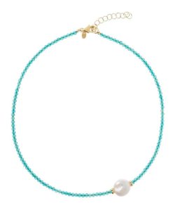 Collane Milor | Collana Girocollo Con Pietra Azzurra E Perla Barocca D'Acqua Dolce Bianca O 13 Mm In Argento 925 Placcato Oro Giallo 18Kt