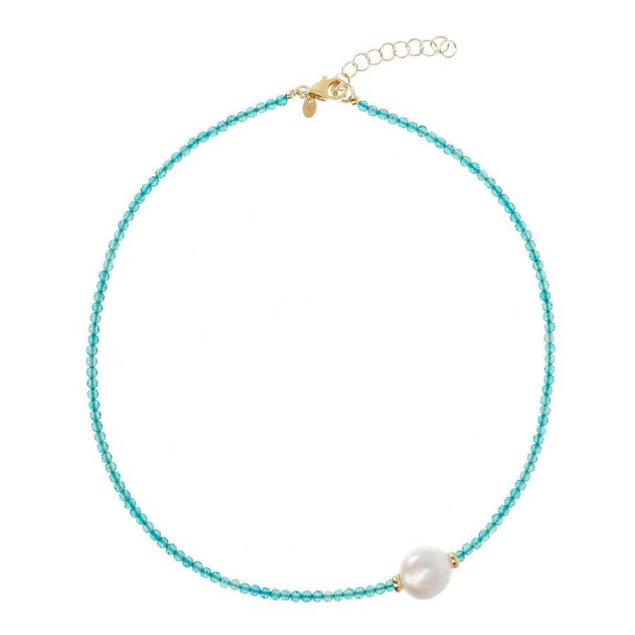 Collane Milor | Collana Girocollo Con Pietra Azzurra E Perla Barocca D'Acqua Dolce Bianca O 13 Mm In Argento 925 Placcato Oro Giallo 18Kt