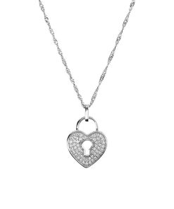 Collane Milor | Collana Girocollo Maglia Singapore In Argento 925 Placcato Rodio Con Pendente Cuore Pave In Cubic Zirconia