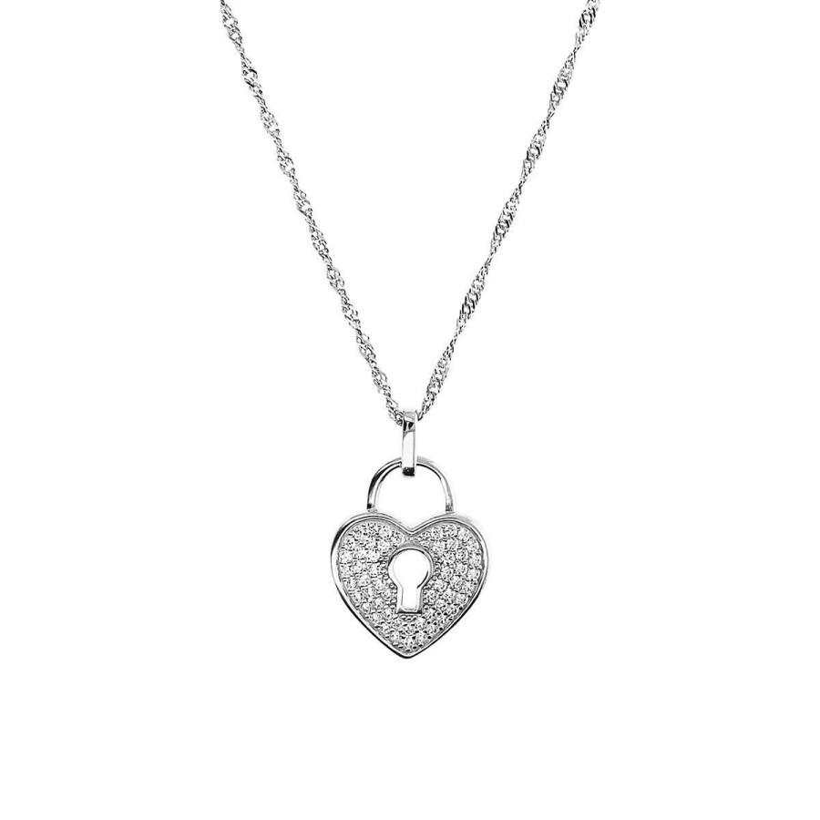 Collane Milor | Collana Girocollo Maglia Singapore In Argento 925 Placcato Rodio Con Pendente Cuore Pave In Cubic Zirconia