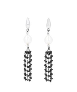 Orecchini Milor | Orecchini Pendenti Con Spinello Nero E Perle Ming D'Acqua Dolce Bianche O 11/13 Mm In Argento 925 Placcato Rodio