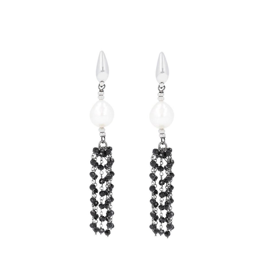 Orecchini Milor | Orecchini Pendenti Con Spinello Nero E Perle Ming D'Acqua Dolce Bianche O 11/13 Mm In Argento 925 Placcato Rodio