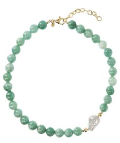 Collane Milor | Collana Girocollo Con Quarzite Verde E Perla Scaramazza D'Acqua Dolce Bianca O 14/14.5 Mm In Argento 925 Placcato Oro Giallo 18Kt