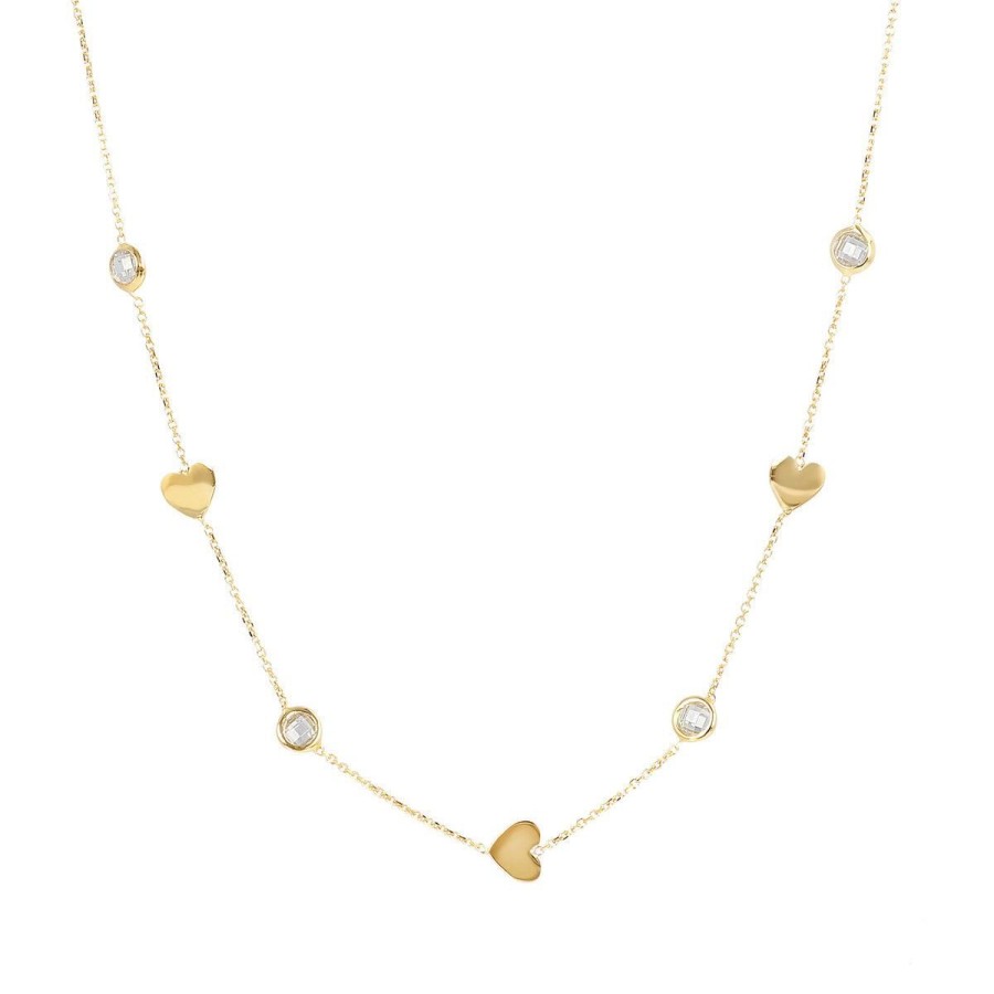 Collane Milor | Collana Catena Rolo Con Cuori E Punti Luce In Cubic Zirconia Oro 9Kt