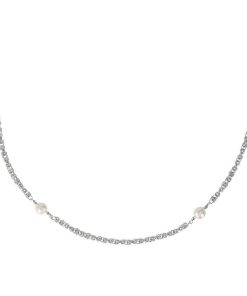 Collane Milor | Collana Lunga Maglia Bizantina In Argento 925 Placcato Oro Bianco 18Kt Con Perle D'Acqua Dolce Bianche O 8/9 Mm