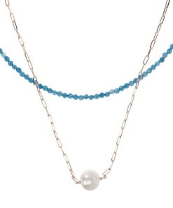 Collane Milor | Doppia Collana Girocollo Con Quarzite Blu E Maglia Forzatina Con Perla Ming Bianca O 11 Mm In Argento 925 Placcato Oro Rosa 18Kt