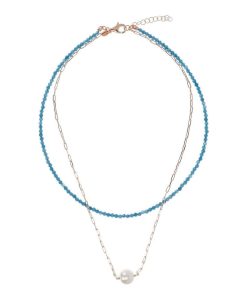 Collane Milor | Doppia Collana Girocollo Con Quarzite Blu E Maglia Forzatina Con Perla Ming Bianca O 11 Mm In Argento 925 Placcato Oro Rosa 18Kt