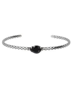 Bracciali Milor | Bracciale Rigido In Argento 925 Placcato Rodio Texture Sirena Con Pietra Naturale A Forma Di Goccia