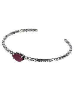 Bracciali Milor | Bracciale Rigido In Argento 925 Placcato Rodio Texture Sirena Con Pietra Naturale A Forma Di Goccia