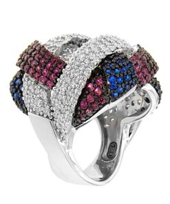 Anelli Milor | Anello Chevalier Con Intreccio Pave In Cubic Zirconia Bianche E Corindoni Rosa E Blu In Argento 925 Placcato Rodio