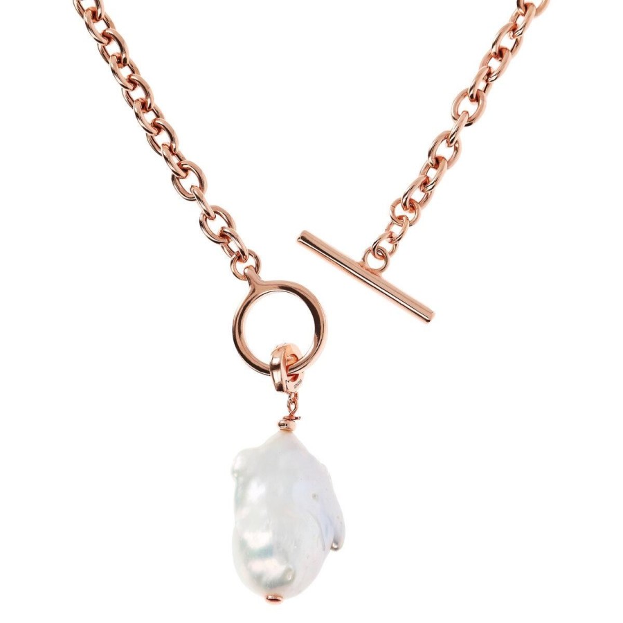 Collane Milor | Collana Girocollo Catena Rolo E Pendente Con Perla Scaramazza D'Acqua Dolce Bianca In Argento 925 Placcato Oro Rosa 18Kt