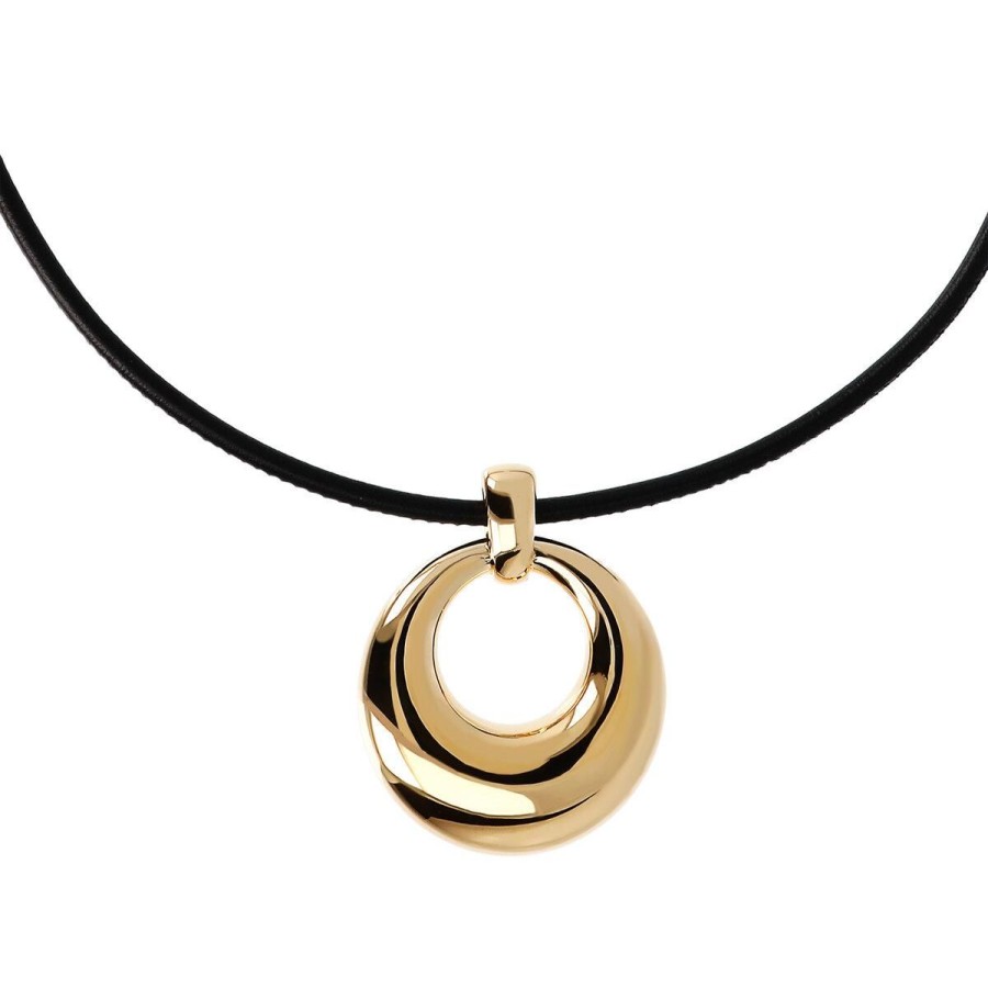 Collane Milor | Collana Cordino In Pelle E Pendente Ad Anello Bombato Placcato Oro Giallo 18Kt