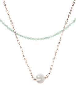 Collane Milor | Doppia Collana Girocollo Con Quarzite Verde Acqua E Maglia Forzatina Con Perla Ming Bianca O 11 Mm In Argento 925 Placcato Oro Rosa 18Kt