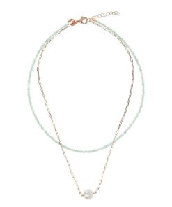 Collane Milor | Doppia Collana Girocollo Con Quarzite Verde Acqua E Maglia Forzatina Con Perla Ming Bianca O 11 Mm In Argento 925 Placcato Oro Rosa 18Kt