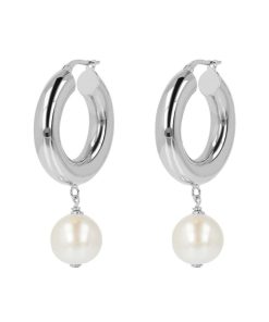 Orecchini Milor | Orecchini A Cerchio Con Perle Ming D'Acqua Dolce Bianche O 12/13 Mm In Argento 925 Placcato Oro Bianco 18Kt