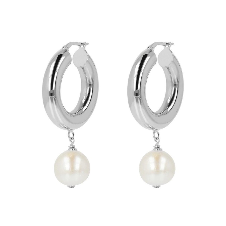 Orecchini Milor | Orecchini A Cerchio Con Perle Ming D'Acqua Dolce Bianche O 12/13 Mm In Argento 925 Placcato Oro Bianco 18Kt