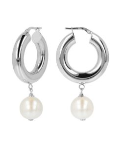 Orecchini Milor | Orecchini A Cerchio Con Perle Ming D'Acqua Dolce Bianche O 12/13 Mm In Argento 925 Placcato Oro Bianco 18Kt