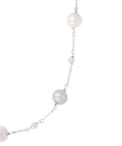 Collane Milor | Collana Maglia Rolo In Argento 925 Placcato Oro Bianco 18Kt Con Perle Ming D'Acqua Dolce Rosa O 11/12 Mm