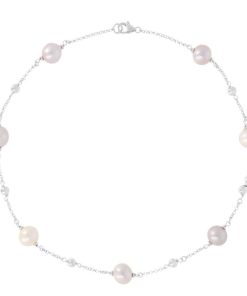 Collane Milor | Collana Maglia Rolo In Argento 925 Placcato Oro Bianco 18Kt Con Perle Ming D'Acqua Dolce Rosa O 11/12 Mm