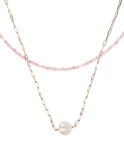 Collane Milor | Doppia Collana Girocollo Con Quarzite Rosa E Maglia Forzatina Con Perla Ming Bianca O 11 Mm In Argento 925 Placcato Oro Rosa 18Kt