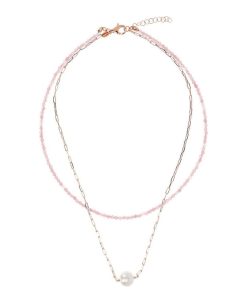 Collane Milor | Doppia Collana Girocollo Con Quarzite Rosa E Maglia Forzatina Con Perla Ming Bianca O 11 Mm In Argento 925 Placcato Oro Rosa 18Kt