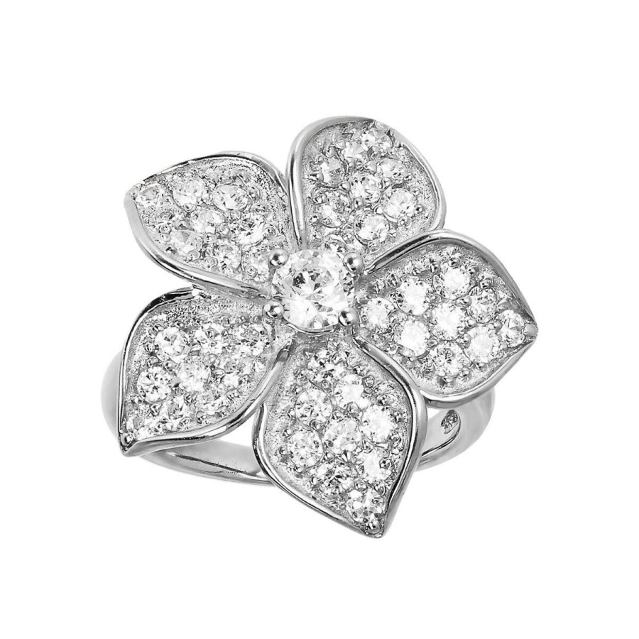 Anelli Milor | Anello Con Fiore Pave In Cubic Zirconia In Argento 925 Placcato Rodio