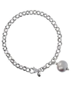 Bracciali Milor | Bracciale Con Catena Rolo E Charm In Perla D'Acqua Dolce Grigia O 16 Mm In Argento 925 Placcato Rodio