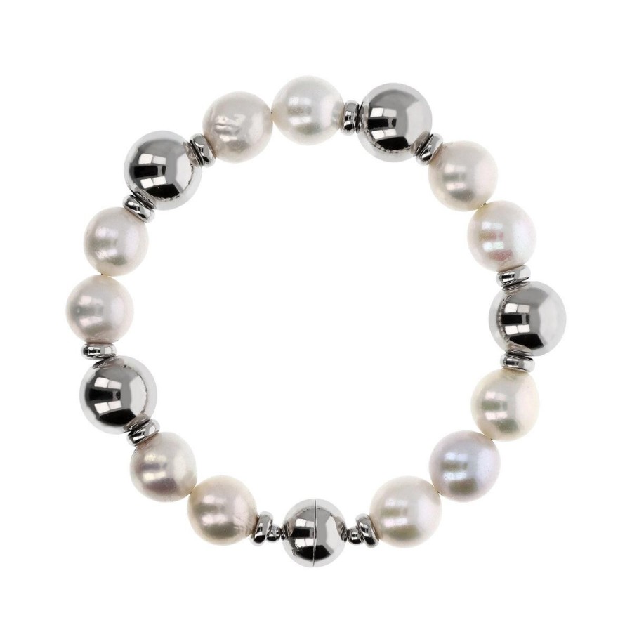 Bracciali Milor | Bracciale Con Perle Ming D'Acqua Dolce Bianche O 10/11 Mm In Argento 925 Placcato Oro Bianco 18Kt