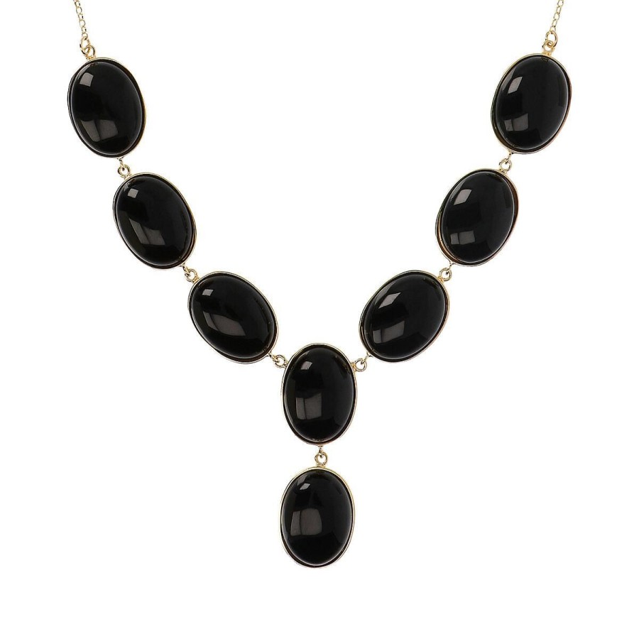 Collane Milor | Collana Girocollo A 'Y' In Argento 925 Placcato Oro Giallo 18Kt Con Pietre Naturali In Onice Nero