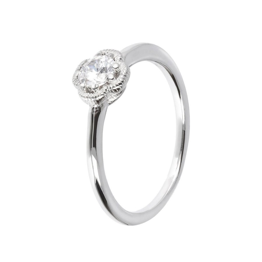 Anelli Milor | Anello Solitario In Argento Con Quadrifoglio In Cubic Zirconia In Argento 925 Placcato Platino