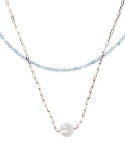 Collane Milor | Doppia Collana Girocollo Con Quarzite Cielo E Maglia Forzatina Con Perla Ming Bianca O 11 Mm In Argento 925 Placcato Oro Rosa 18Kt